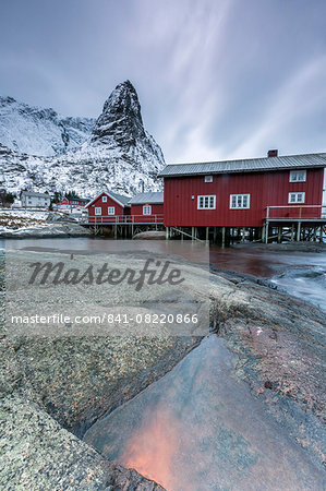 Typical red houses of fishermen called Rorbu, Reine. Lofoten Islands, Northern Norway, Scandinavia, Arctic, Europe