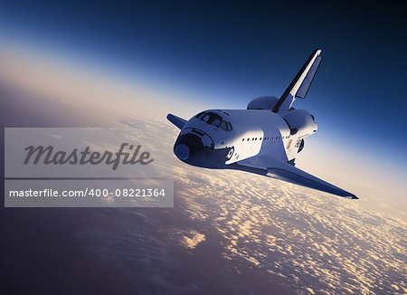 Space Shuttle Landing In The Clouds. 3D Scene.