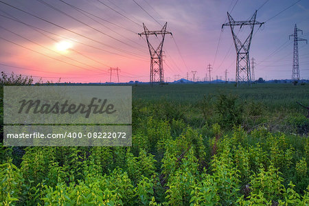 Sunset over High-voltage power lines in the land around Plovdiv, Bulgaria