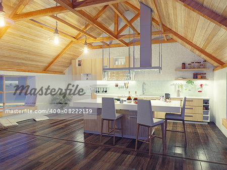 modern kitchen interior with island in the attic (3d design concept)
