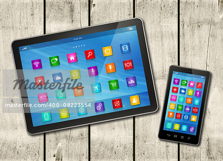 Smartphone and digital tablet PC with desktop icons on a white wood table - horizontal office mockup