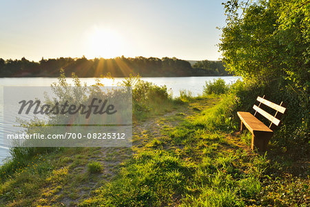 Pathway along Shoreline at Sunrise with Bench, Niedernberg, Miltenberg-District, Churfranken, Franconia, Bavaria, Germany