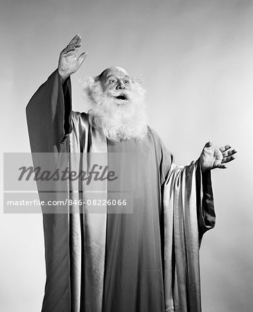 1960s SENIOR MAN WHITE BEARD LONG ROBES ARMS RAISED PREACHER MYSTIC SEER ORACLE FORTUNE TELLER