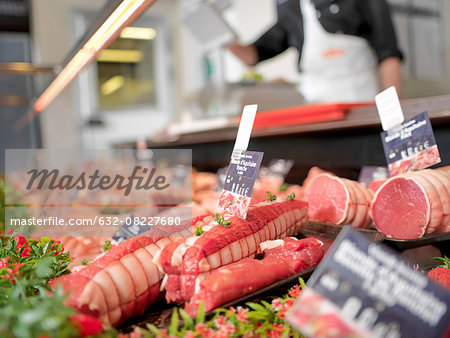 Meat for sale in display case