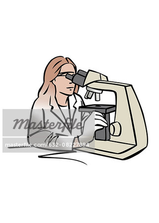 Illustration of female scientist using microscope