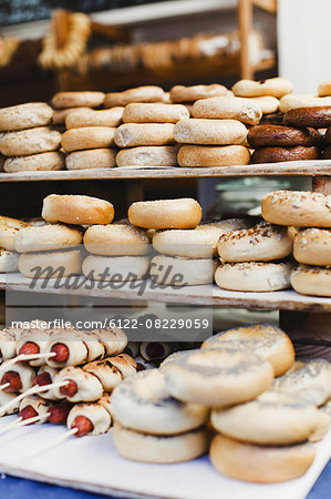 Bagels in bakery display