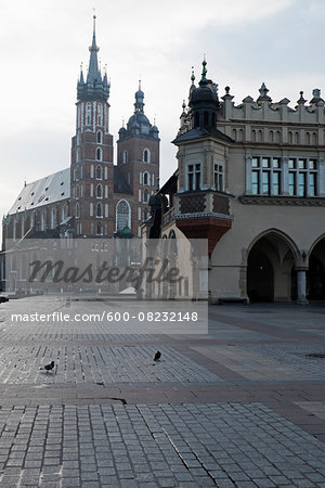 Church of the Holy Virgin Mary and Cloth Hall, Main Market Square, Krakow, Poland.