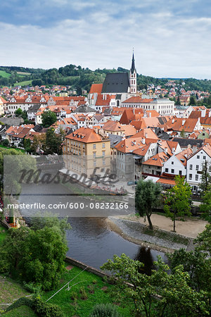 Scenic overview of Cesky Krumlov with St Vitus Church in background, Czech Replublic.