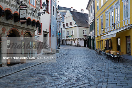 Cobblestone city street and historical buildings, Cesky Krumlov, Czech Replublic.