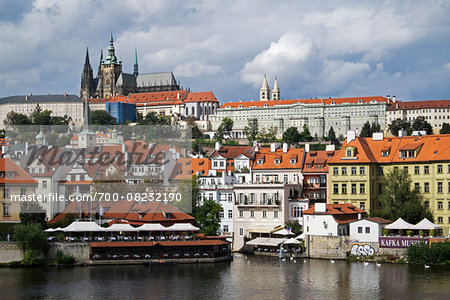 Harbor scene with St Vitus Cathedral in background, Prague, Czech Republic