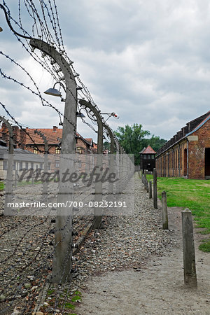 Barbed wire fences and buildings, Auschwitz, Poland