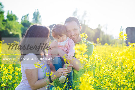 Mid adult couple with toddler daughter in field of yellow blossoms