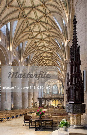 Interior looking East and font, Tewkesbury Abbey, Gloucestershire, England, United Kingdom, Europe