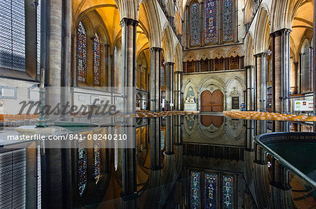 Looking towards the doorway of the west front of Salisbury Cathedral, Salisbury, Wiltshire, England, United Kingdom, Europe