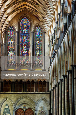 Looking down the nave of Salisbury Cathedral towards the west front, Salisbury, Wiltshire, England, United Kingdom, Europe