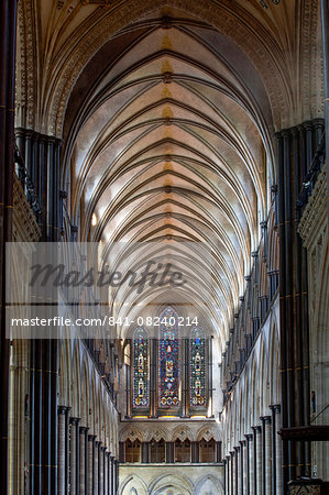 Looking down the nave of Salisbury Cathedral towards the west front, Salisbury, Wiltshire, England, United Kingdom, Europe