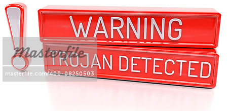 Warning Trojan Detected - 3d banner, isolated on white background