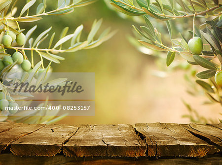 Olives with table. Wooden table with olive trees