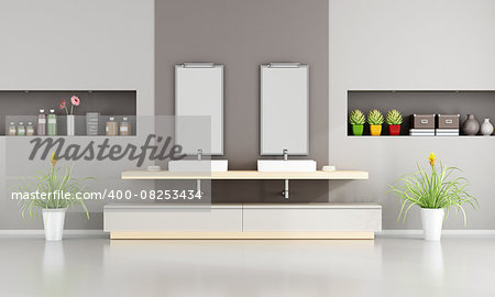 Contemporary Bathroom with two washbasins and niche -3D Rendering