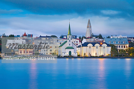 Image of Reykjavik, capital city of Iceland, during twilight blue hour.