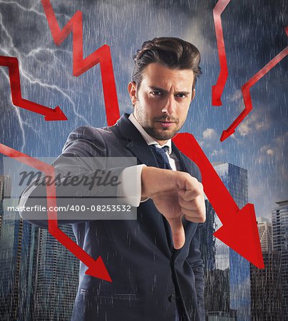 Negative businessman with storm red arrows down