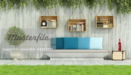 Stone bench with colorful cushion,crate on wooden wall in a vintage garden - 3D Rendering