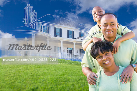 Happy African American Family with Ghosted House Drawing, Partial Photo and Rolling Green Hills Behind.