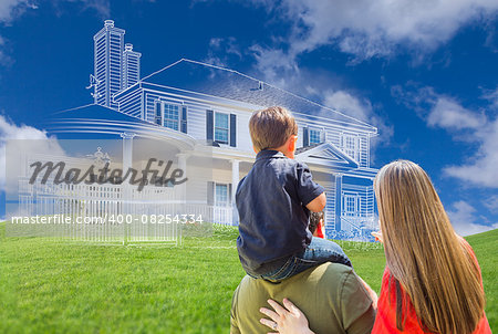 Young Family Facing Ghosted House Drawing, Partial Photo and Rolling Green Hills.