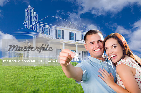 Happy Military Couple Holding House Keys with Ghosted House Drawing, Partial Photo and Rolling Green Hills Behind.