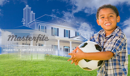 Mixed Race Young Boy Holding Soccer Ball with Ghosted House Drawing, Partial Photo and Rolling Green Hills Behind.