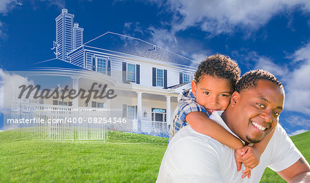 Mixed Race Father and Son with Ghosted House Drawing, Partial Photo and Rolling Green Hills Behind.