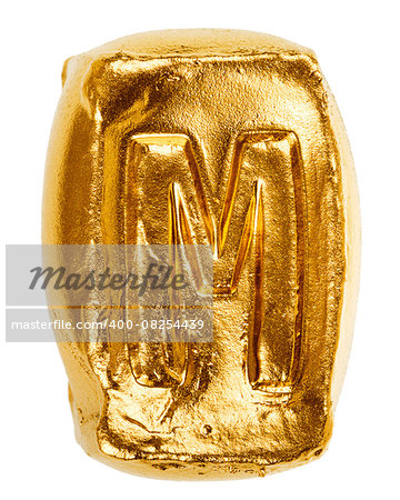 Handmade ceramic letter M painted in gold isolated on white