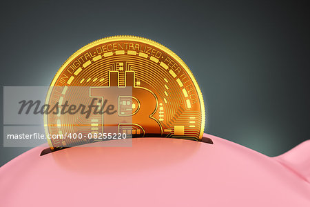 Putting Bitcoin Into Piggy Bank. 3D Scene.