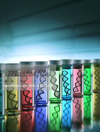 Colored test tubes with genetic codes inside. Concept of copy and genetic alteration.