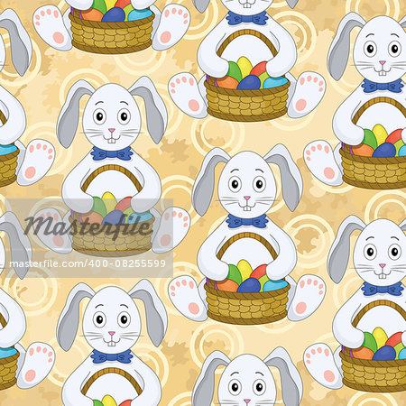 Seamless pattern, cartoon Bunnies with a basket of Easter eggs on abstract background. Vector