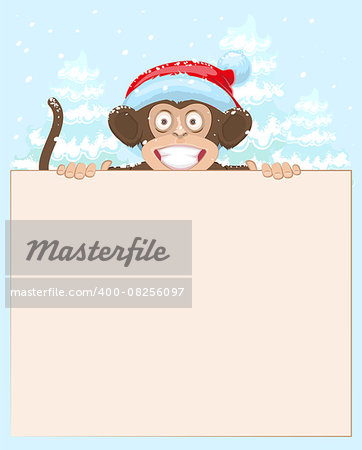 Christmas monkey holding white banner. Monkey symbol 2016. Xmas. Illustration in vector format