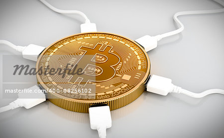 USB Wires Connected To The Bitcoin. 3D Scene.