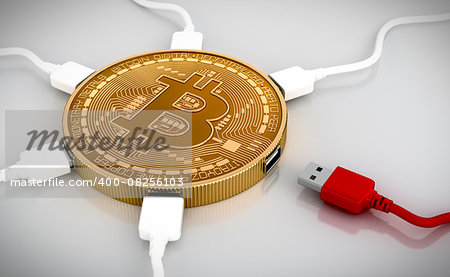 Red And White USB Wires Connected To The Bitcoin. 3D Scene.