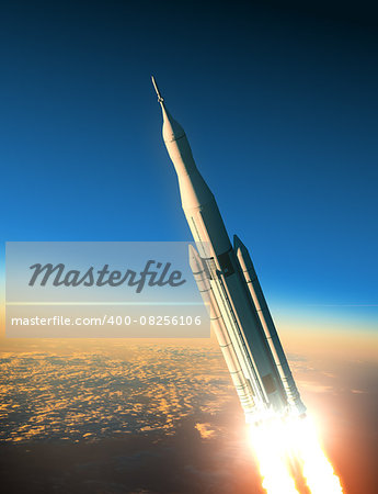 Space Launch System Over The Clouds. 3D Scene.