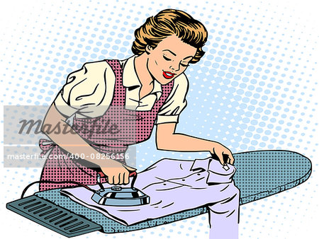 Woman housewife wife stroking his shirt iron homework. Home electrical appliances. Retro style pop art. Comfort care family love