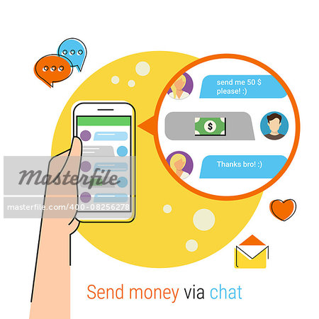 Flat contour illustration of transferring money to friends via chat messager. Human hand holds a smartphone with chat on the display