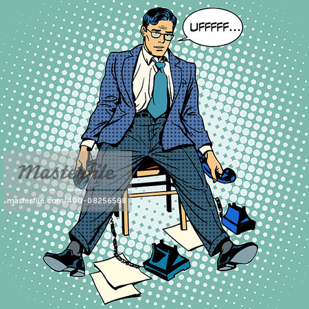 Tired businessman working stress. Phone conversation business people retro style pop art