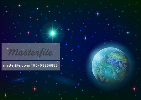 Fantastic space background with unexplored blue planet, green sun, stars and nebulas. Elements of this image furnished by NASA (www.visibleearth.nasa.gov). Vector eps10, contains transparencies