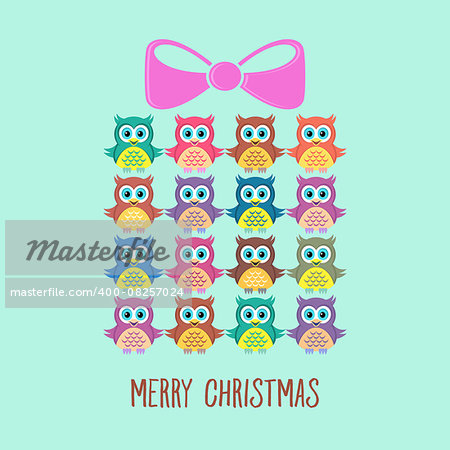 Cute merry christmas card with owls and present