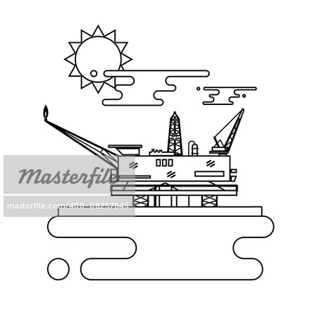 Offshore oil platform in the blue ocean. Thin line style vector illustration concept