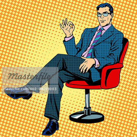 Businessman sitting in an armchair gesture okay pop art retro style