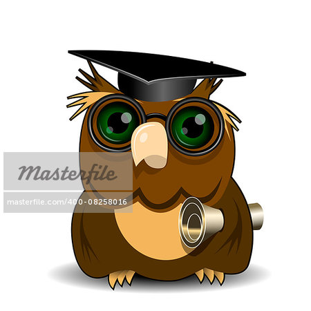 Illustration Owl scientist with green eye on white background