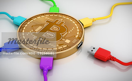 Color USB Wires Connected To The Bitcoin. 3D Scene.