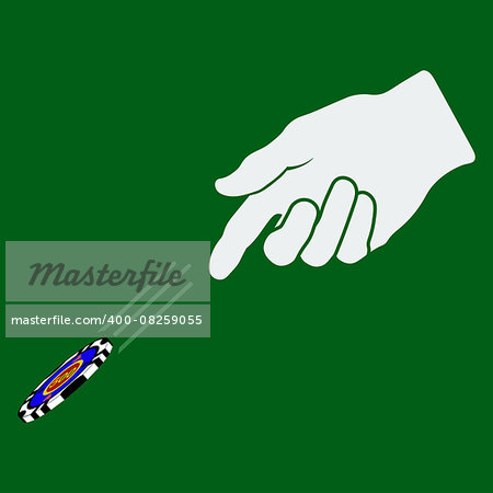 Hand throwing gambling chip over green background. Vector illustration.