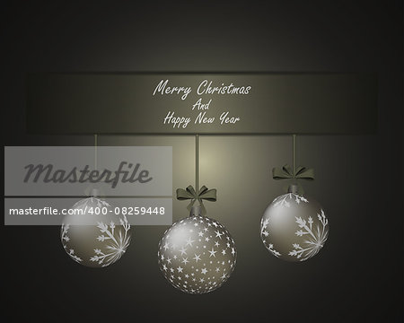 Elegant Christmas greeting card with ribbon and fir balls hanged on it. Sepia background with copy space.  Also suitable for New Year design.  Vector Illustration.